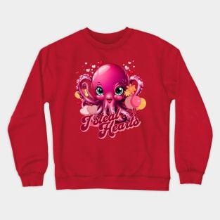 Octopus With Hearts Balloons Valentines Day I Steal Hearts Crewneck Sweatshirt